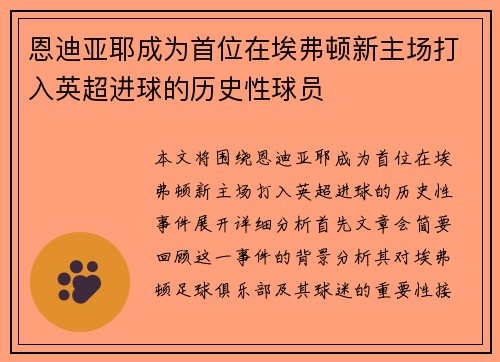 恩迪亚耶成为首位在埃弗顿新主场打入英超进球的历史性球员